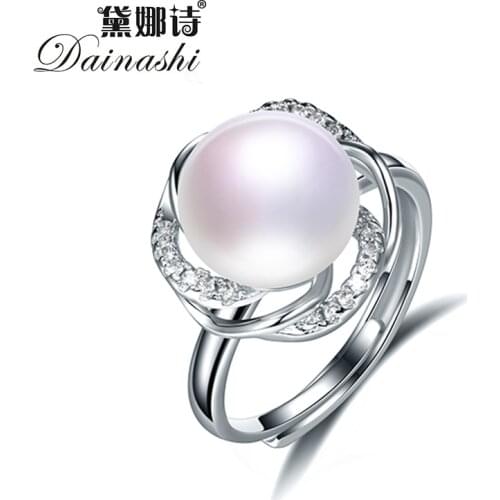 Dainashi Fine Jewelry 925 Sterling Silver Rose Zircon Crystal Adjustable Ring 100% Genuine Freshwater Cultured Pearl Ring Gift
