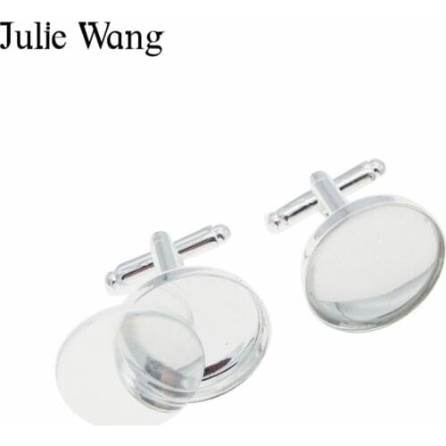 Julie Wang 1 Pair Cabochon Base Frame Setting Tray Copper Cufflink Cuff Link Blank Bezel Blanks with Clear Round Dome Tile