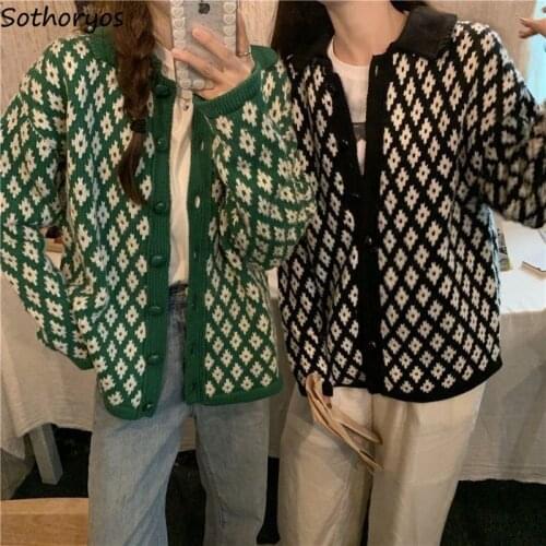 Argyle Cardigan Women Turn-down Collar Retro Outwear Large Size S-3XL Japanese Slouchy Students Sweaters Soft New-arrival Trendy