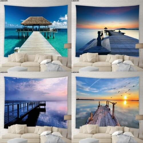 Ocean Tapestry Pier Sunset Natural Scenery Wall Hanging Cloth Sandy Beach Picnic Rug Home Decor Bedspread Sheet Big Tablecloth