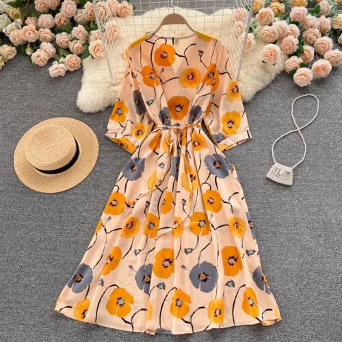 YIZZHOY 2021 Summer New Printed Maxi Womens Dress Casual Single Breasted Chiffon Pullover Womens Dress V-neck Robe