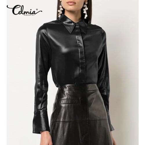 Celmia Fashion PU Leather Shirts Womens Casual Basic Tops Office Lapel Long Sleeve Buttons Blouses Solid Color Blusas Mujer