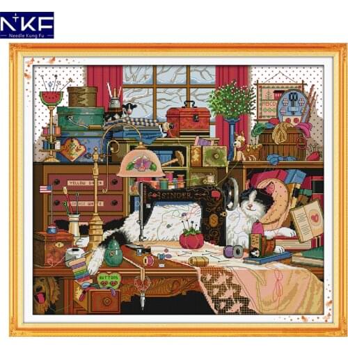 NKF The cat and sewing machine animal style needlepoint patterns counted cross stitch Christmas patterns for home decoration