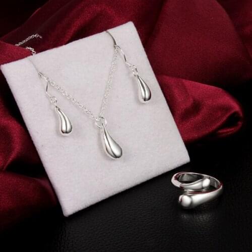 Wholesale 925 sterling Silver water drop pendant necklace earring rings Jewelry set for woman Fashion Party wedding Holiday gift