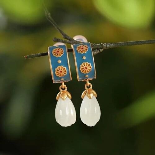 Original design natural Hetian jade ancient style creative earrings Chinese retro charm women charm silver jewelry