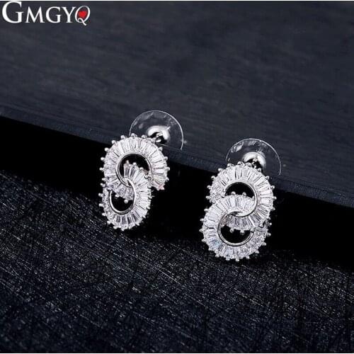 GMGYQ Simple White Zircon Earrings Jewelry Accessories Fashion Female Statement In Double Loop Earrings Gifts For Women