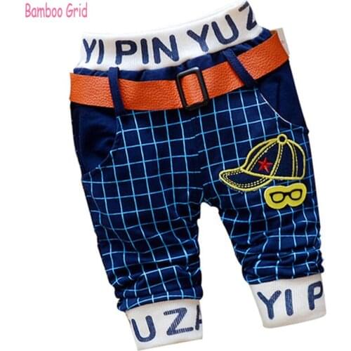 Good Quality 100% Cotton Autumn New Grid Stripe With Belt Baby Boy Pants 1 Piece Trousers Baby Pants 0-3 Years Kids Pants