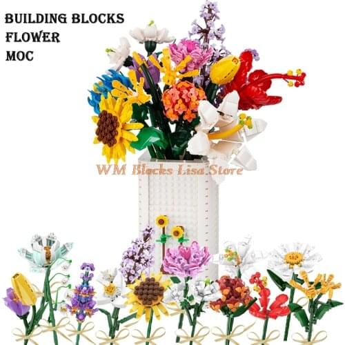 MOC Building Blocks Flowers Rose Sunflower Eucalyptus Hydrangea Flower Arrangement Bouquet Decoration Creative Gift Girl Toy Hot