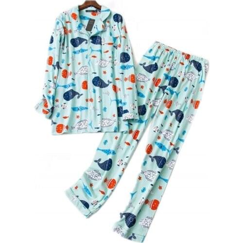 Soring Autumn Women Casual Cartoon soft Pajama sets Female 100% Cotton Sleepwear suit Women Turn-down collar shirt & Pants