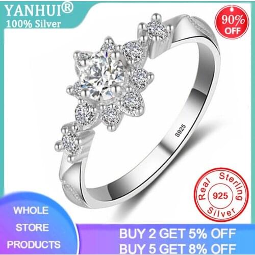YANHUI Simple Zircon Flower Gothic Party Rings for Women 925 Silver Engagement Rings for Girl Party Best Gift Jewelry Anillos