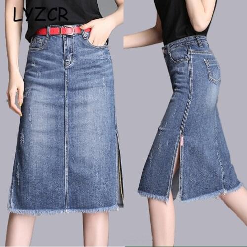 Midi Womens Denim Skirt Women Plus Size Vintage High Waist Skirts Female A Line Denim Skirt Knee Length Split Skirts Jeans