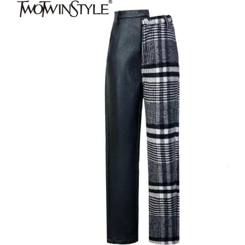 TWOTWINSTYLE Patchwork PU Plaid Trousers For Women High Waist Hit Colors Asymmetrical Patchwork Autumn Winter Pants Female Tide