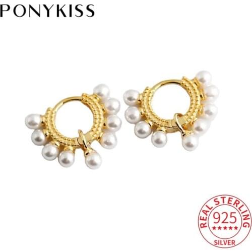 PONYKISS Office 925 Sterling Silver Minimlist Pretty Pearl Hoop Earrings for Women Party Fine Jewelry Accessory Chic Gift