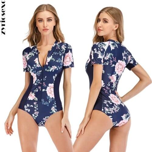 ZY Surfing Swimsuit For Women Short Sleee Zipped Bikini Bathing Suits One PiecesSwimwear Flower Printed Swim 2021 Sexy Holiday