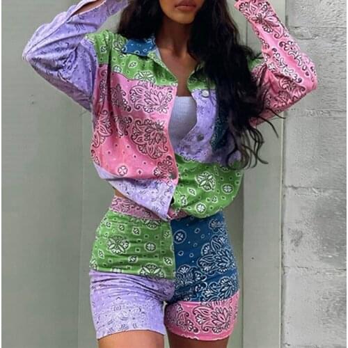 Fashion Casual Long Sleeve Turn-Down Collar Single Breasted Shirt and Shorts 2 Piece Set for Women Suit