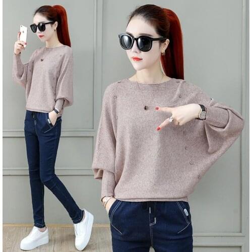 2020 Spring Autumn Women Knit Pullover Batwing Shirt Loose Long-sleeve O-neck Sweater Female Thin Bottoming-shirt Sweaters L277