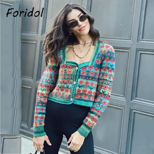 Foridol Flower Print Vintage Cropped Cardigans Women Knitted Button Up Green Cardigan Casual Sweater Short Blue Cardigans 2021