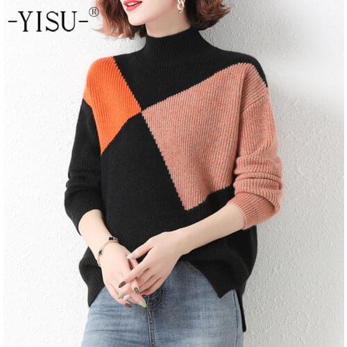 YISU Women Winter Sweater Half turtleneck Stitching color Jumper Casual Fashion Long sleeve Winter tops Loose Knitted pullover