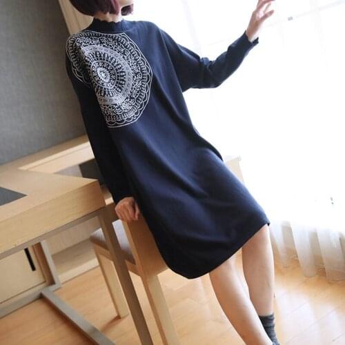 Womens Autumn and Winter 2020 Korean Style Long Sleeve Loose Midi Embroidered Graphics Retro Blue Knitted Sweater Dress Fall