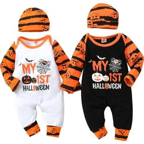2Pcs Baby Boy Girl Halloween Outfits Pumpkin Letter Print Long Sleeve Round Neck Jumpsuit Striped Cap