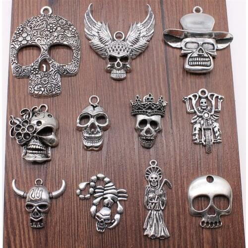 1pcs Charms Skull DIY Jewelry Findings For Jewelry Making Antique Silver Color Death Skull Charms Flower Skull Charm