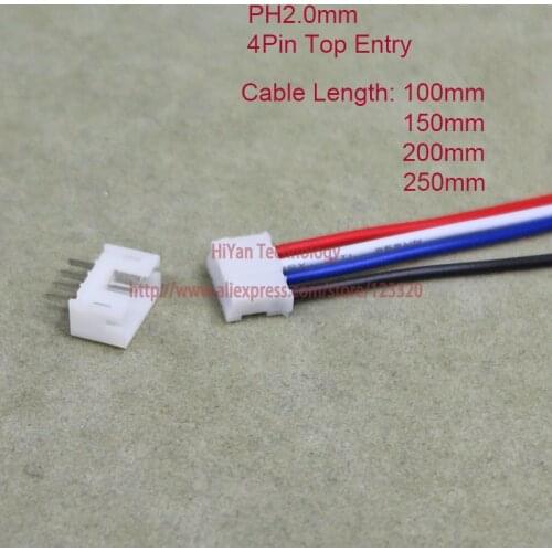 25sets Mini Micro PH2.0 JST 2.0mm Pitch 4Pin Top Entry Connector with 1007 26AWG 100mm to 250mm Electronic Wire Cable Pin header
