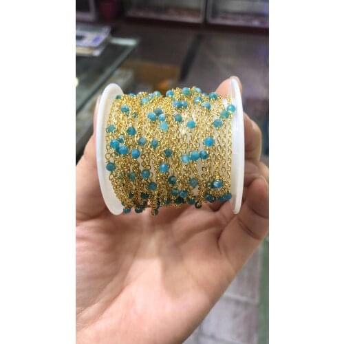 3M/packs Copper semiprecious stone jewelry making chain, blue crystal gold plated flat gems beads connector findings