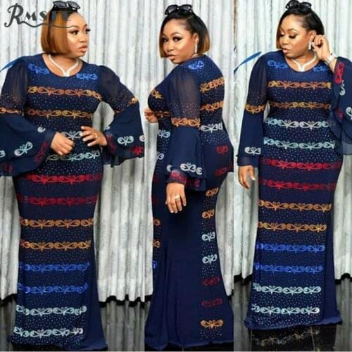 RMSFE 2021 African Muslim Womens Large Long Sleeve Round Neck Fashion Chiffon Inlaid Diamond Patchwork Dress