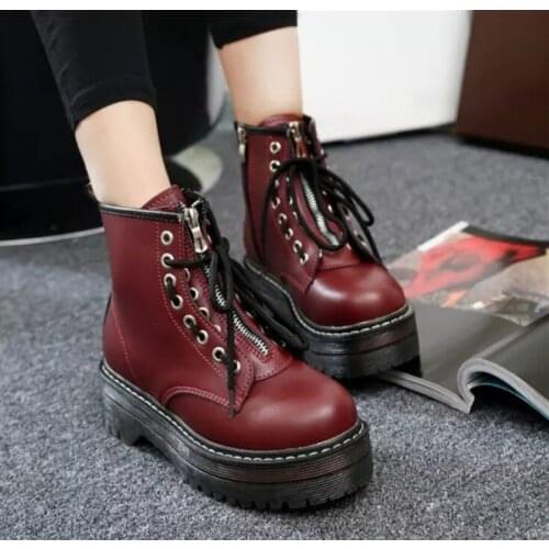 Fashion Zipper Flat Shoes Woman High Heel Platform PU Leather Boots Lace up Women Shoes Ankle Boots Girls 35-40