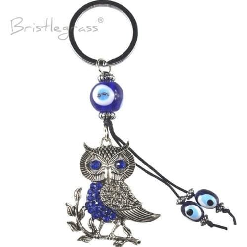 BRISTLEGRASS Turkish Blue Evil Eye Rhinestone Leaf Owl Keychain Key Chains Ring Holder Amulets Lucky Charm Blessing Pendant Gift