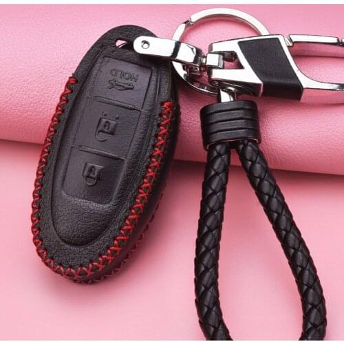 Black Leather Car Key Fob Case Cover Skin for Nissan Remote Shell with Keychains