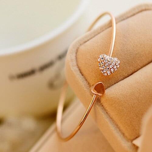 KaiMin 2021 Fashion Adjustable Crystal Double Heart Bow Rose gold Cuff Opening Bracelet For Women Jewelry Gift Wholesale Bilezik