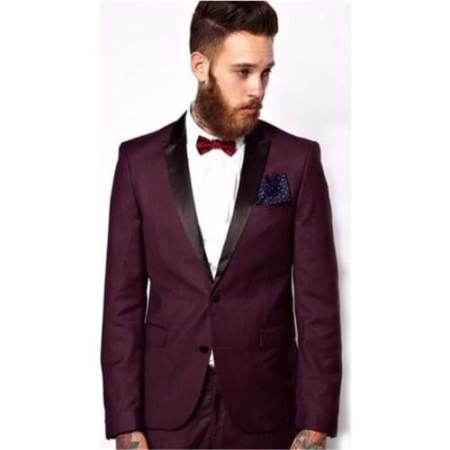 Groomsmen Peaked Black Lapel Groom Tuxedos Burgundy Mens Suit Wedding Best Man (Jacket+Pants) high quality Men Suits