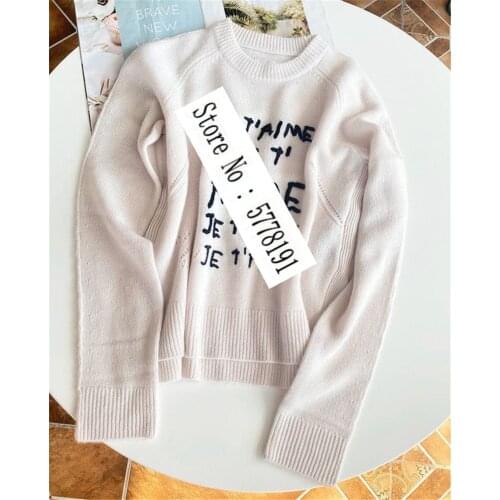 Sweet beige Soft 100% Cashmere Sweater Round Neck letters Sign Embroidered Long Sleeves Jumper 2021