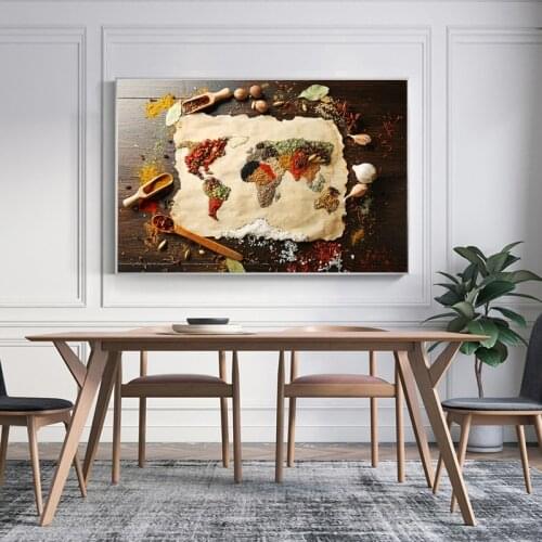 Wall Art Canvas Painting World Map with Spice Posters and Prints Wall Pictures for Dining Room Cuadros Home Decoration No Frame