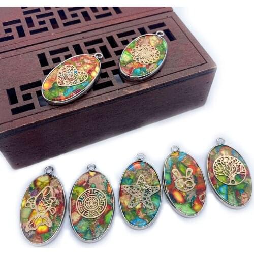 Natural Stone Turquoise Necklace Pendant Color Stitching Oval Hemming Craft Charms for Jewelry Making DIY Bracelet Accessories