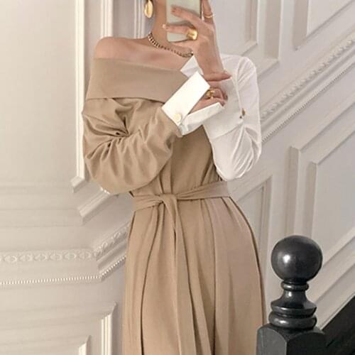 Apricot V-neck Dress Woman Long Sleeve High Waist Elegant Korean Maxi Vestidos Ol Clothing Business Wear Dresses Female Fall