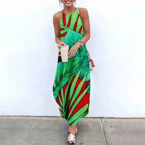 Maxi Dresses Floral Print Sexy Sleeveless Sundress Women Causal Halter Summer Beach Dress Asymmetric Ladies Sling Long Dresses