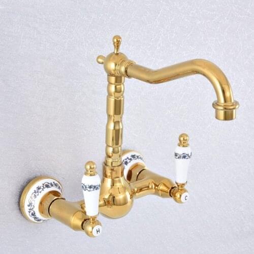 Luxury Gold Double Handle Wall Mounted Kitchen Faucets Dual Hole Bathroom Cold and Hot Sink Washbasin Water Mixer Tap