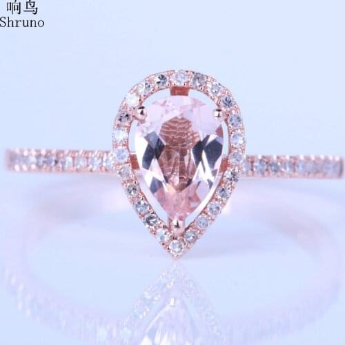 Shruno Solid 14k AU585 Rose Gold Pear 7x5mm Natural Morganite Diamonds Engagement Wedding Ring Women Fine Jewelry Gemstone Ring