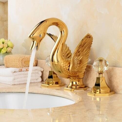 Bathroom Basin faucet Total Brass Sink Mixer Tap Hot and Cold Gold Swan Faucet Bathroom Crane Crystal Dual Handle Lavatory Tap