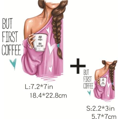 First Coffee Iron-on Transfers Patches for Clothing Textile Vinyl Heat Thermo T Shirt Stickers Applique Diy Stripes on Clothes