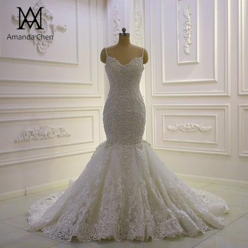 Spaghetti Straps Lace Applique Mermaid Beaded Wedding dress