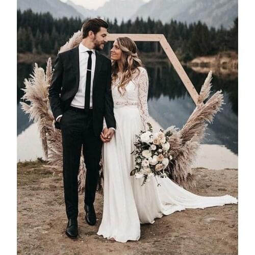 2019 Newest Two Pieces Boho Wedding Dresses Long Sleeves A Line White Chiffon Lace Princess Beach Bridal Gowns Custom Made Vesti