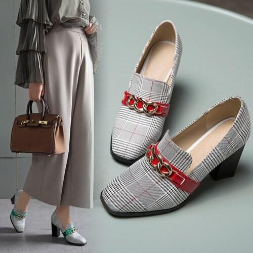 2020 Spring Fashion High Heels Pumps Plaid Block Heel Women Shoes Square Toe Slip on Pumps Dress Office Ladies Shoes Elegant