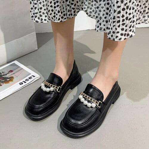 Women Plaform Oxford Shoes Slip on Leather Shoes Female Black Oxford Shoes Women Lady Pearl Loafers 2021 Fashion Flats Plus Size