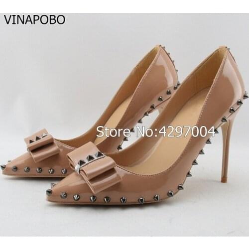 Nude color rivets high heels patent PU leather exclusive brand needle sharp rivet high heels womens singles shoes 10cm 12cm 8cm
