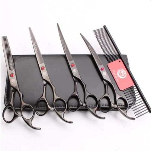 Z3003 5Pcs Set 7'' 19.5cm Black Professional Pets Hair Steel Comb + Cutting Shears + Thinning Scissors + Dogs Cats Curved Shears