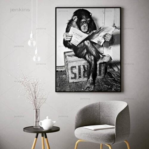 Funny Monkeys Business Poster and Print On The Wall Reading Newspaper Painting Washroom Restroom Decor Black White Art Picture
