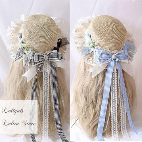 Womens Straw Sunhat Mori Girl Sun Hat with Plaid Bowknot